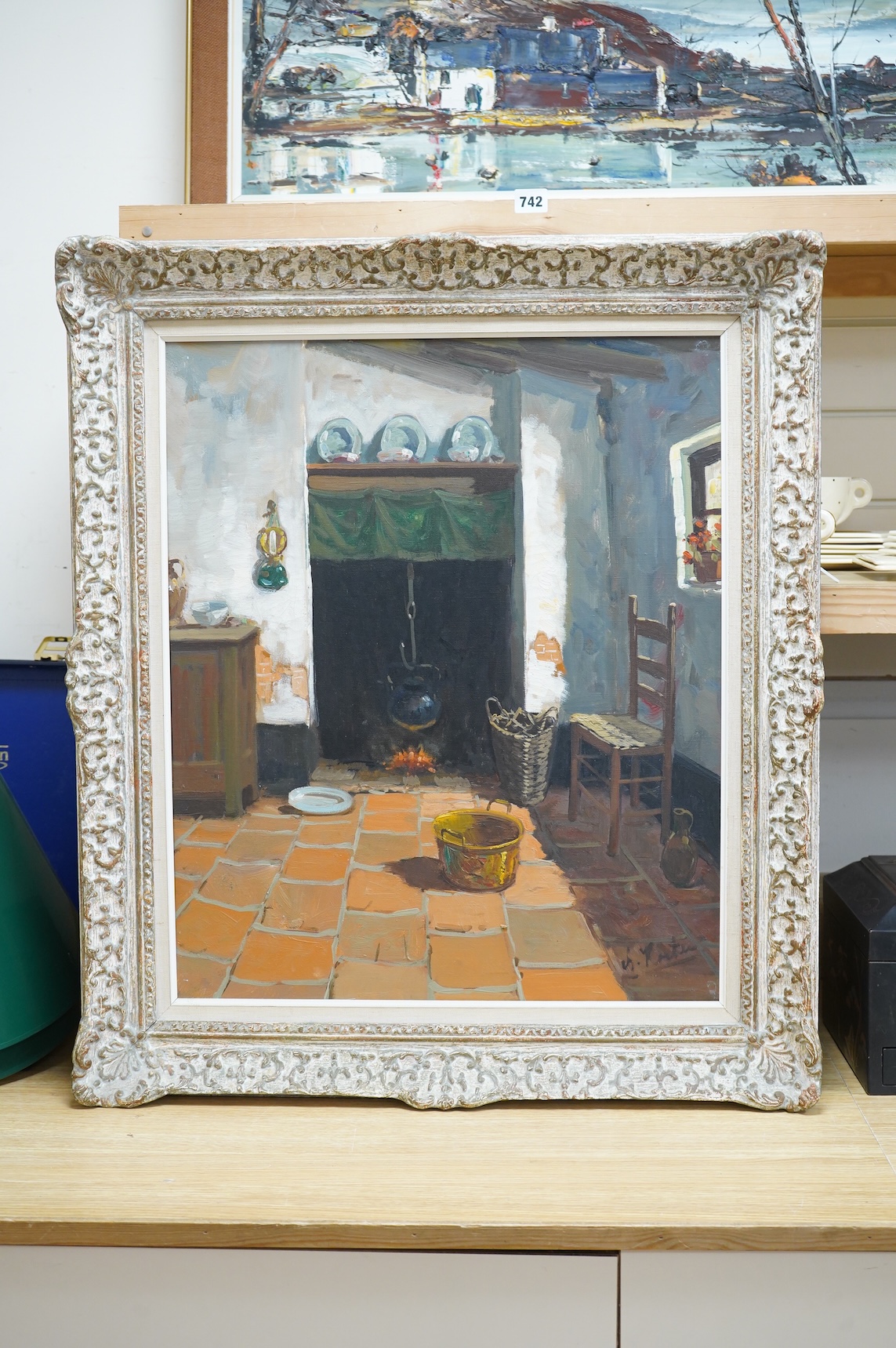 Contemporary Dutch School, Interior scene with open fireplace, indistinctly signed lower right, oil on canvas, 60 x 49cm